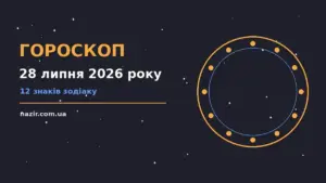 Зодіакальний календар із символами дванадцяти знаків на тлі ранкового неба, ілюстрація до гороскопу на 28 липня 2026 року