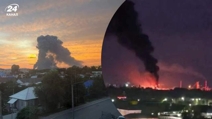 Полум'я та густий чорний дим над Новокуйбишевським НПЗ після атаки дронів уночі 22 серпня 2026 року
