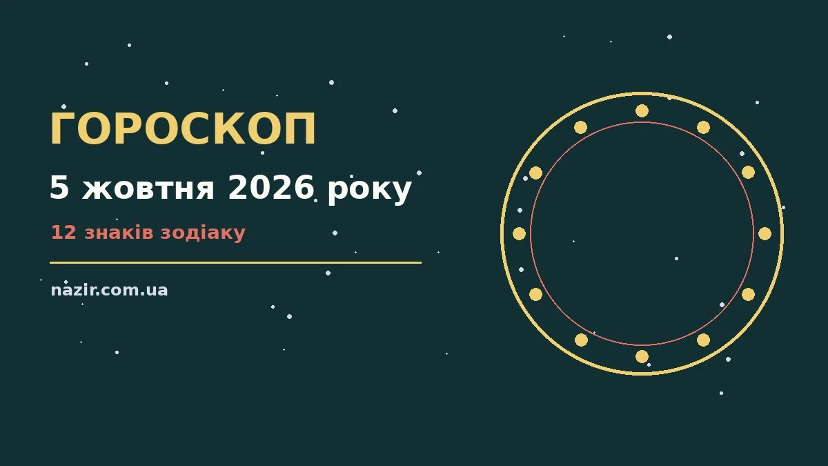 Космічна ілюстрація із зодіакальним колом на тлі ранкового неба для гороскопу на 5 жовтня 2026 року